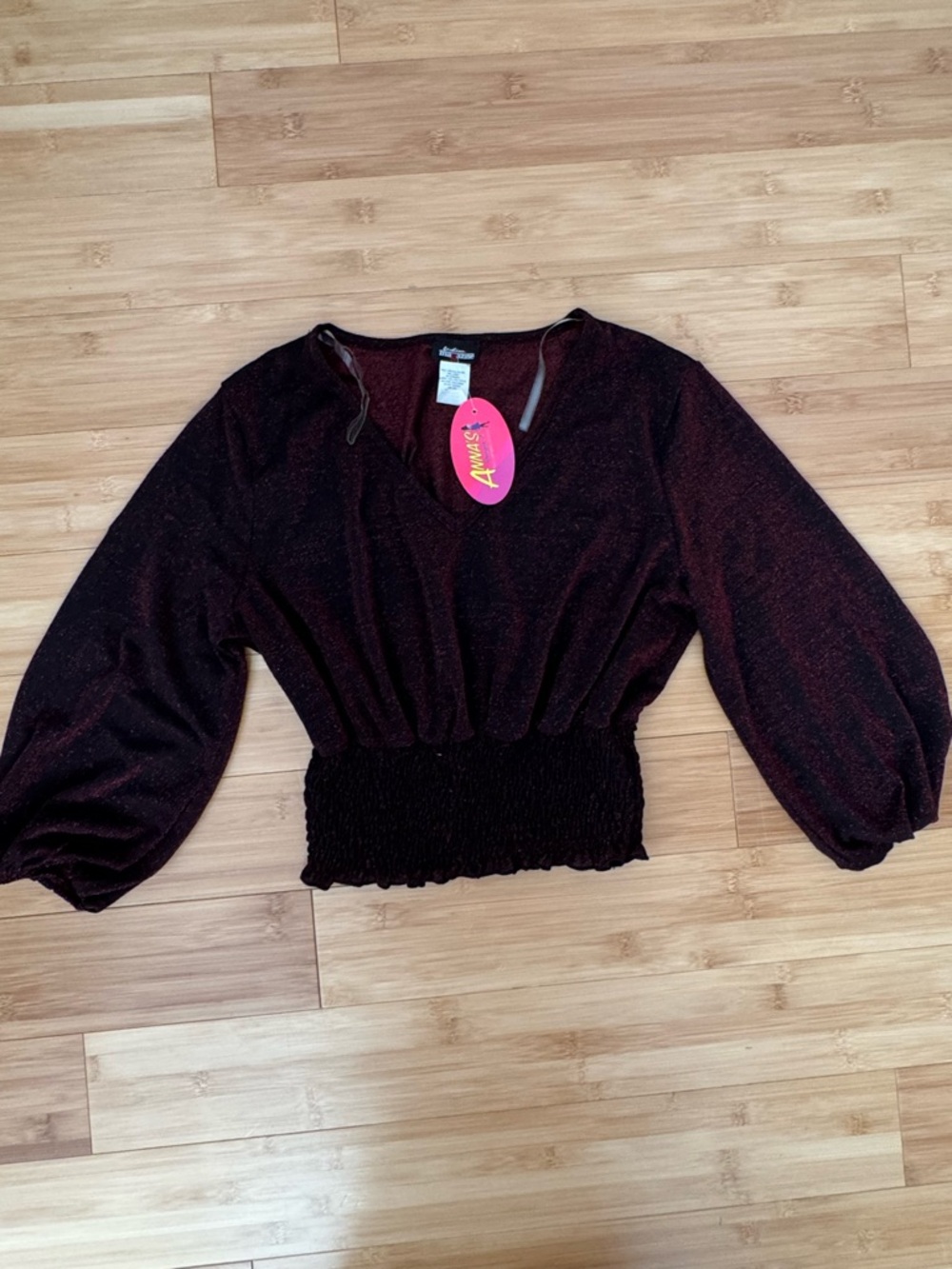 Women's Shimmer V-Neck Smocked Waist Top - Burgundy